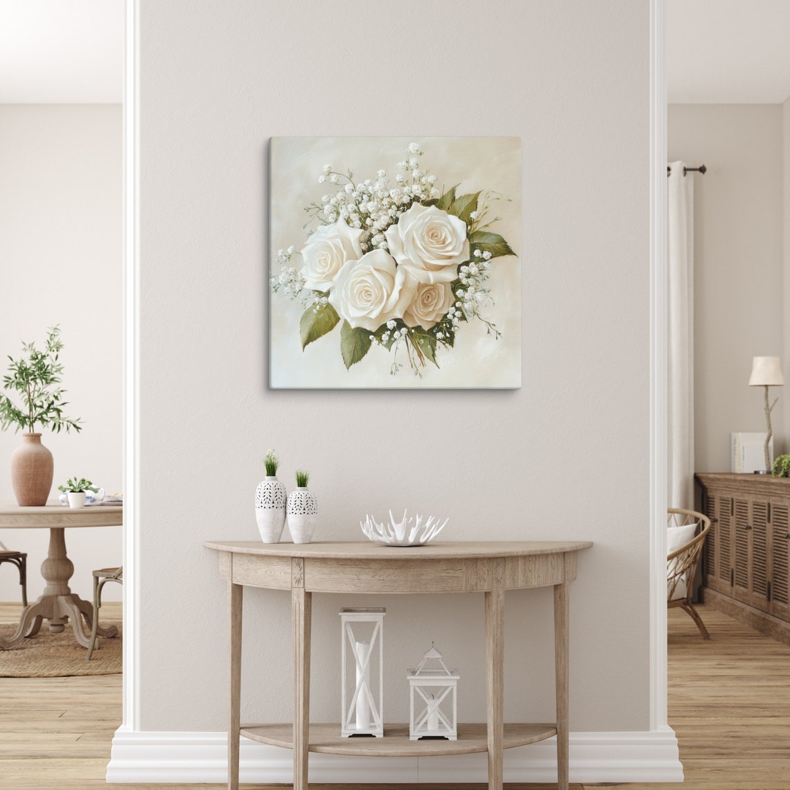 White Roses With Babys Breath Creamy Floral Bouquet Art Poster - Image 4