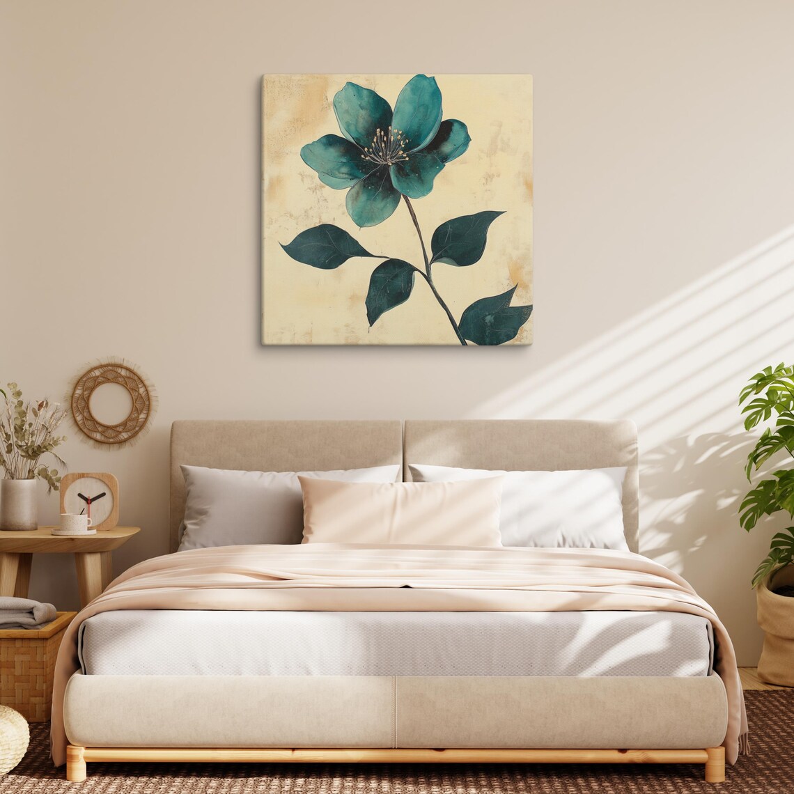 Teal Green Flower Gold Stamens Beige Botanical Painting Wall Art - Image 2