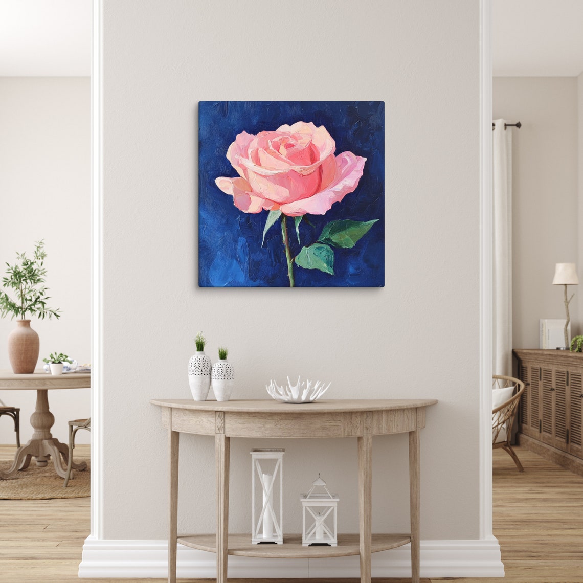 Pink Rose Bloom Impasto Navy Blue Background Painting Art Poster - Image 4