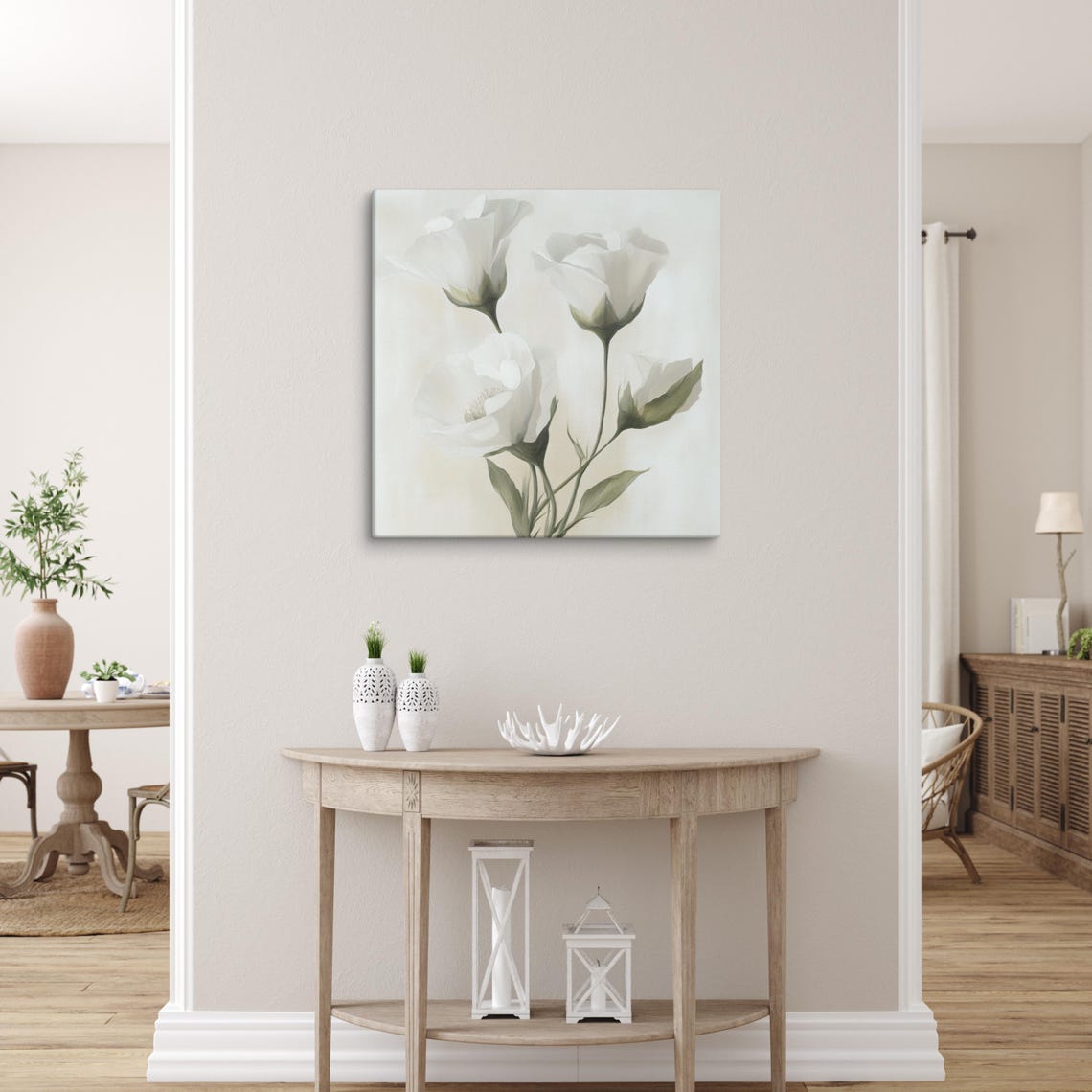 White Lisianthus Delicate Blooms Beige Botanical Floral Art Poster - Image 4