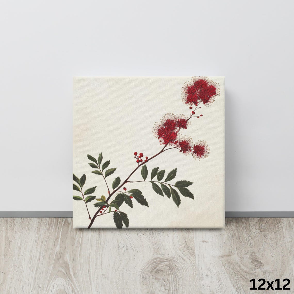 Red Powder Puff Flowers Leafy Branch Botanical Floral Art Poster - Image 4