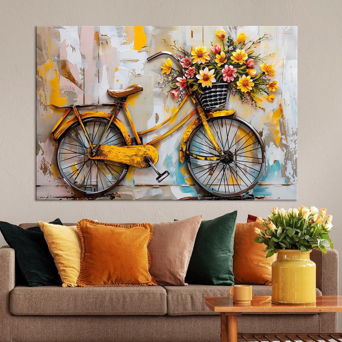 Bike Flowers Print Flowers Wall Art Floral Print Bike Farmhouse Wall Art Living Room Decor Extra Large Wall Art Print