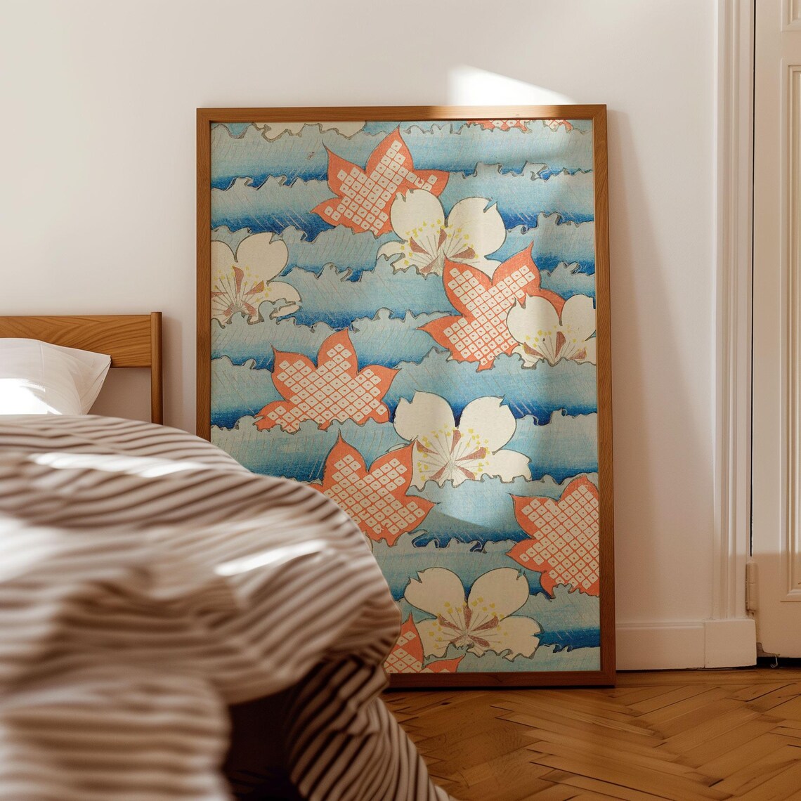 Japanese Woodblock Maple Leaves and Blossoms Blue Wave Poster - Image 2