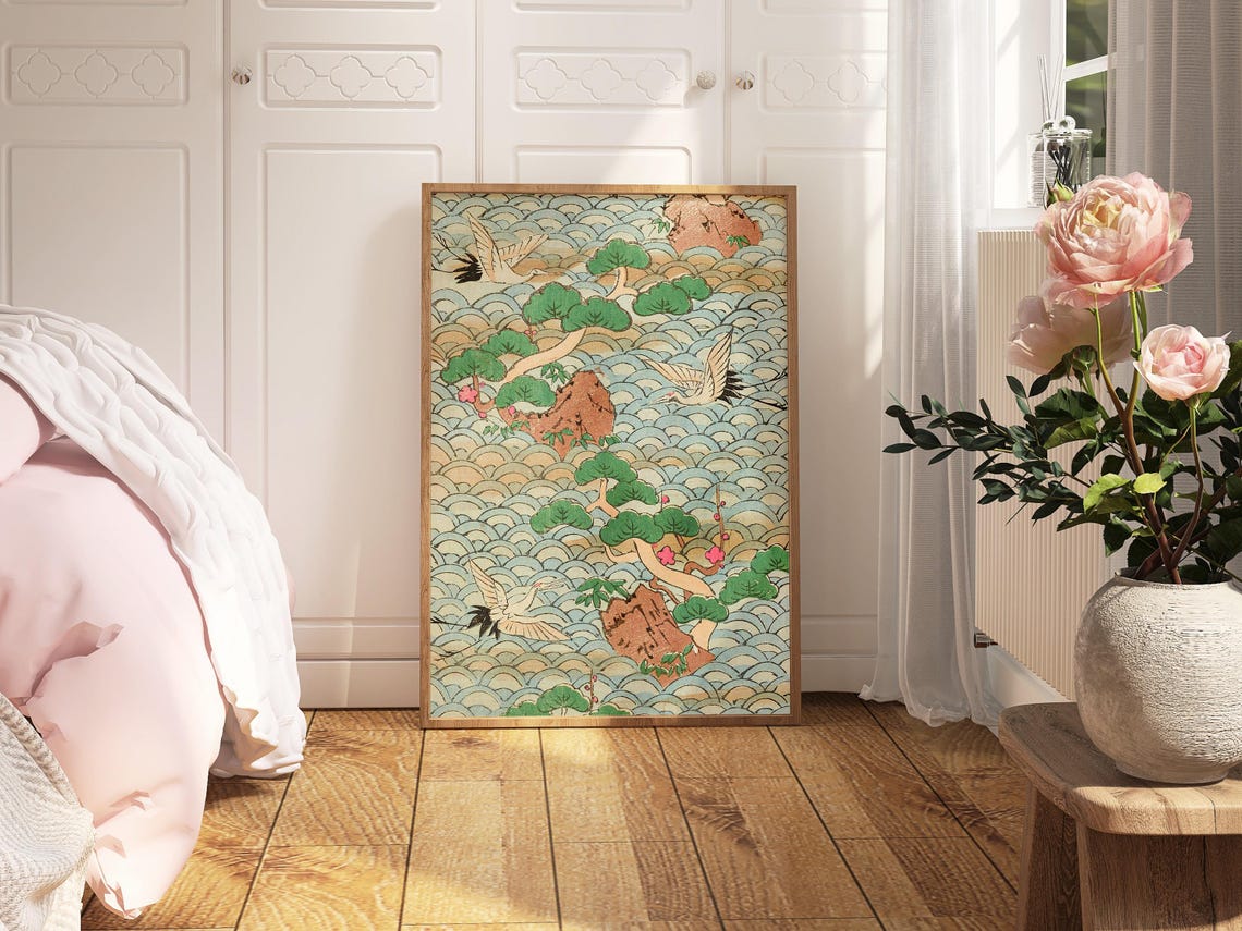 Korin Furuy Japanese Floral Art Print Vintage Beige Woodblock Exhibition Poster Rare Vintage Asian Japanese Traditional Ukiyo E Design - Image 4