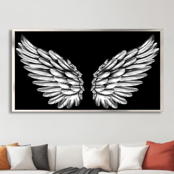 White Wings Wall Art Print On Angel Wings On Black Background Painting Selfie Background Poster Gift For Her Just Married Gift