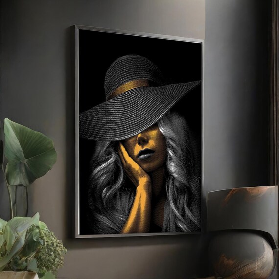 Mysterious Woman in Golden Hat Black and White Elegant Portrait Art Poster