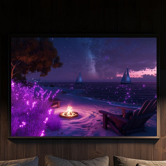 Magical Night Beach Art Starry Sky And Ocean Glow Print Purple Bioluminescent Coastal Decor Relaxing Dreamy Seascape Poster