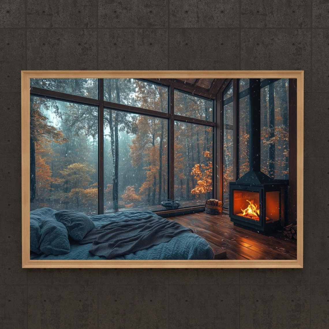 Cozy Cabin Bedroom Fireplace Glass Windows Misty Autumn Forest Poster