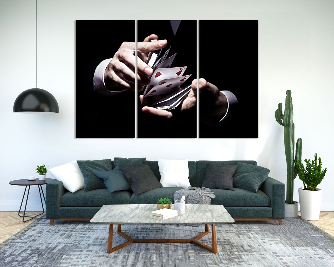 Magician Hands Shuffling Playing Cards Black Three Panel Poster - Image 2
