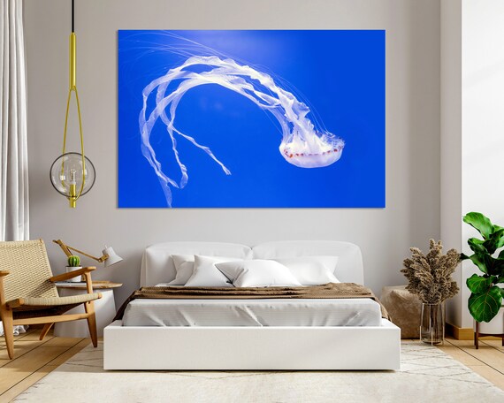 White Jellyfish In Blue Sea Water Painting Art On Jellyfish Modern Decor For Bathroom Jellyfish Design Art For Wall Sea Life Art