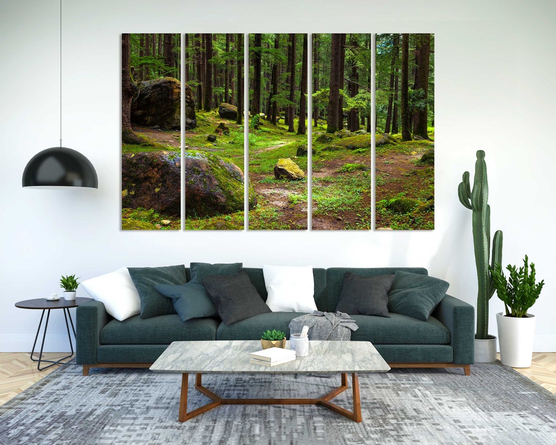 Mossy Pine Forest With Boulders Triptych Three Panel Nature Wall Art - Image 3