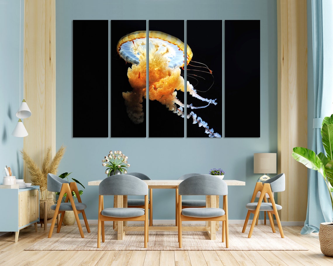 Glowing Golden Jellyfish Black Background Dramatic Ocean Poster - Image 3