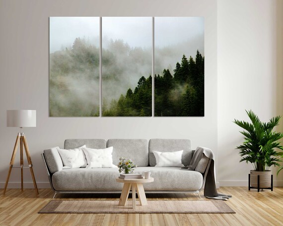 Forested Mountains Print Sets For Home Foggy Forest Art For Gift Green Forest Painting Art On Foggy Morning Forest Pictures