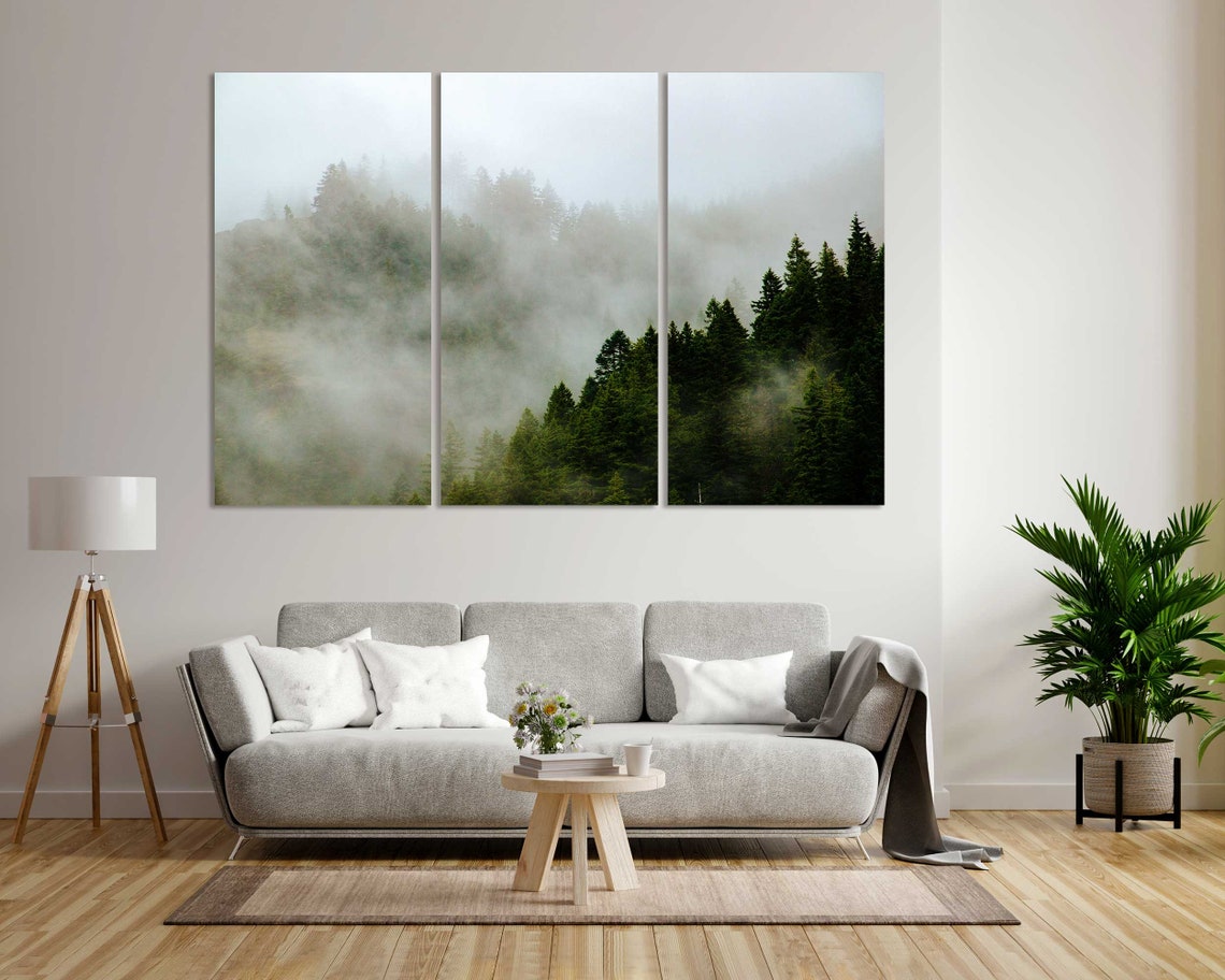 Misty Evergreen Forest In Fog Triptych Moody Pine Trees Wall Poster