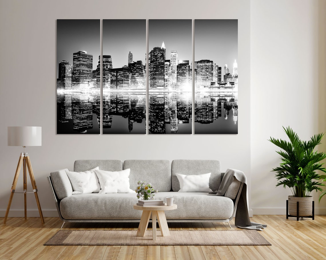New York City Night Skyline Black White Mirrored Reflection Poster - Image 6