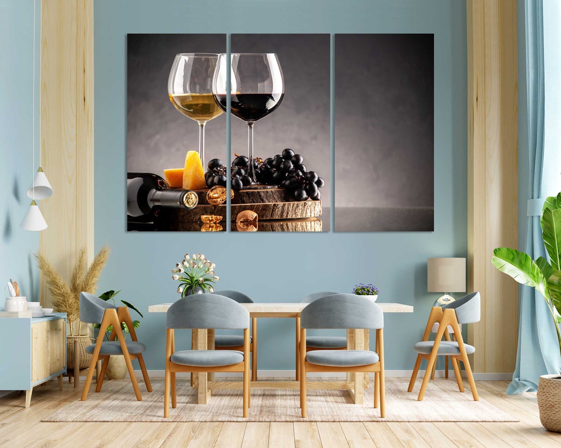 Red White Wine Glasses Grapes Cheese Still Life 4 Panel Wall Art - Image 3