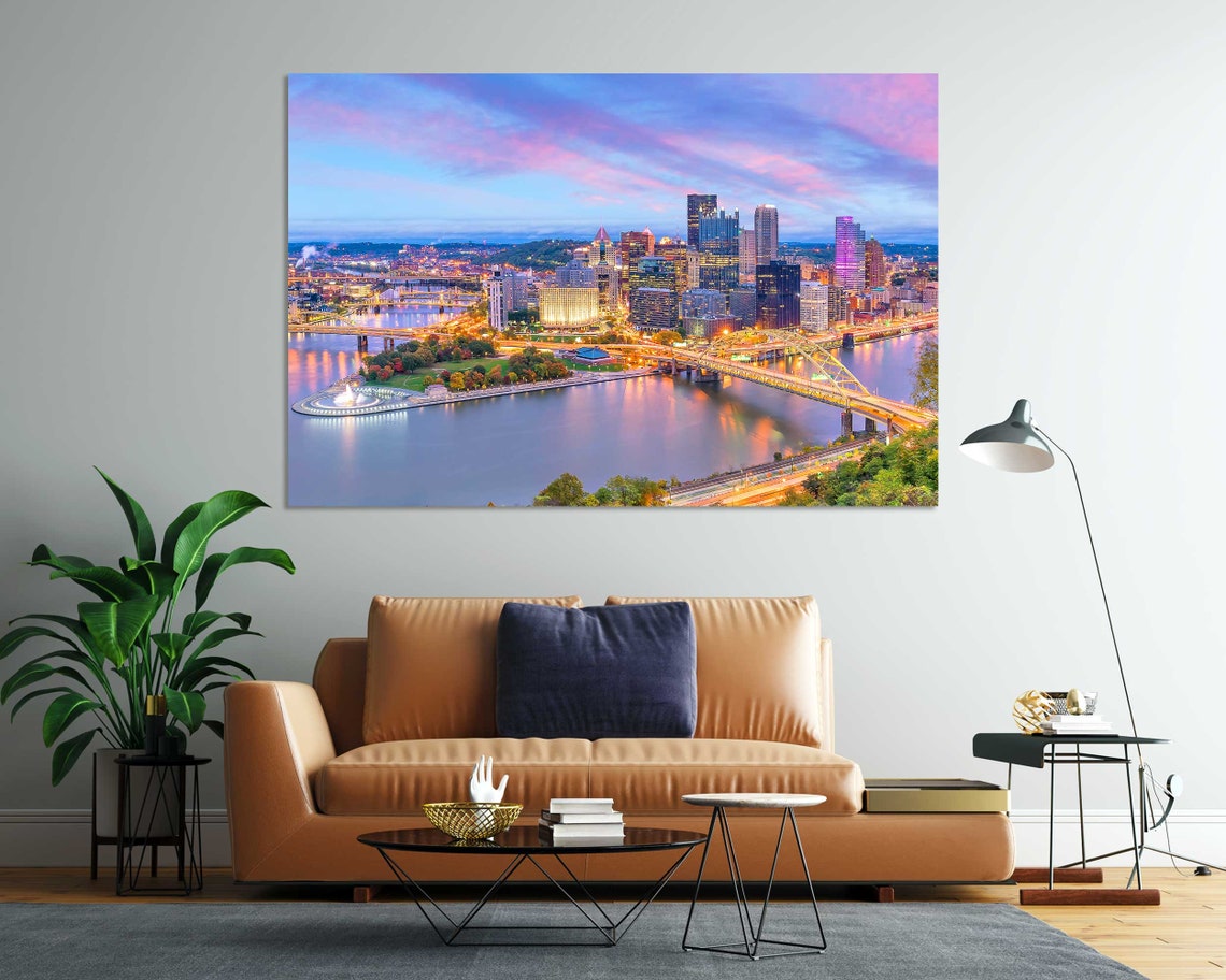 Pittsburgh Skyline Evening Fountain Bridges Golden Dusk City Poster