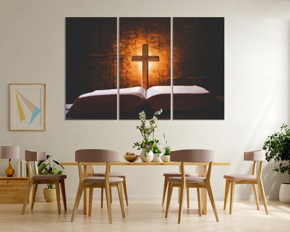 Wooden Cross Open Bible Glowing Light Faith Inspiration Christian Wall Poster