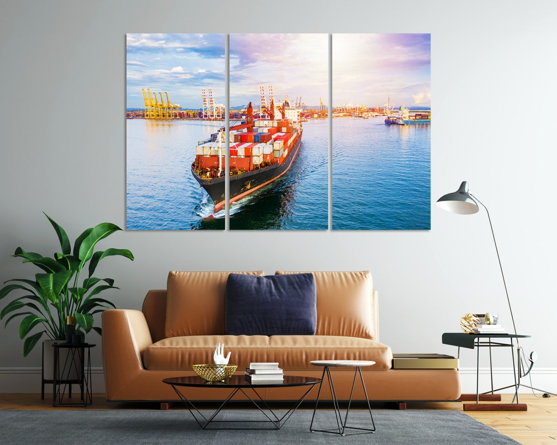 Container Cargo Ship Leaving Port Sunset Harbor Three Panel Poster