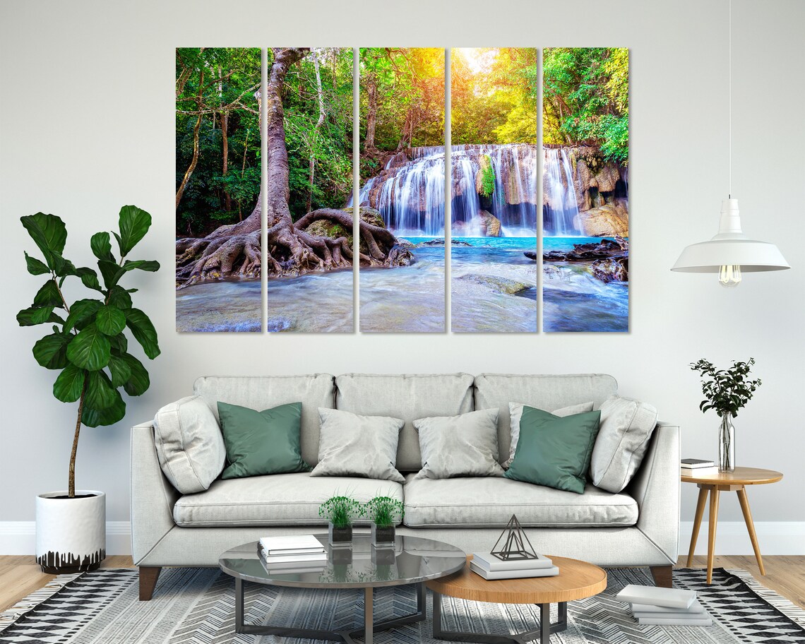 Forest Waterfall With Emerald Pool In Nature Home Decoration Forest River Wall Painting Waterfall Print Sets Green Forest Wall Art - Image 7