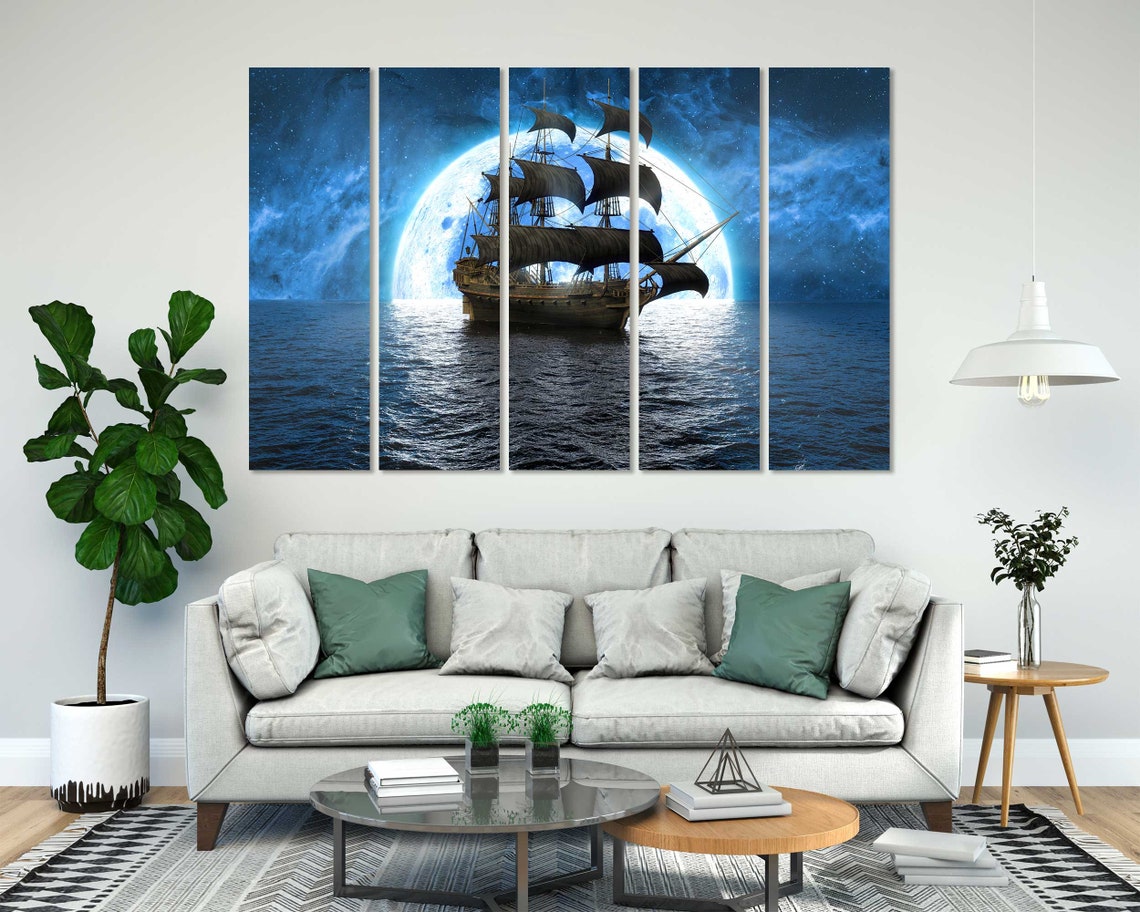 Tall Ship Sailing Under Giant Full Moon Night Seascape Fantasy Poster - Image 3