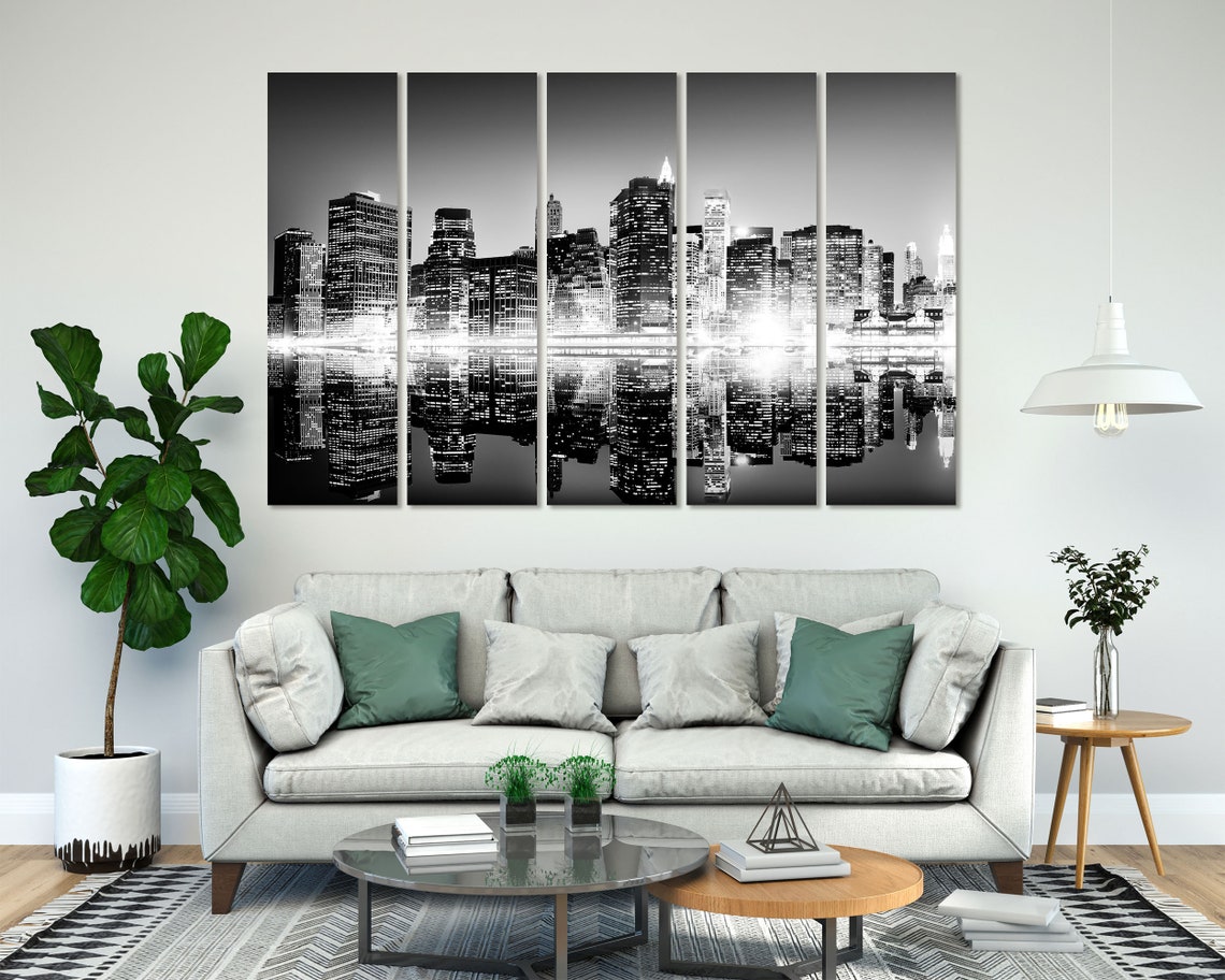 New York City Night Skyline Black White Mirrored Reflection Poster - Image 7