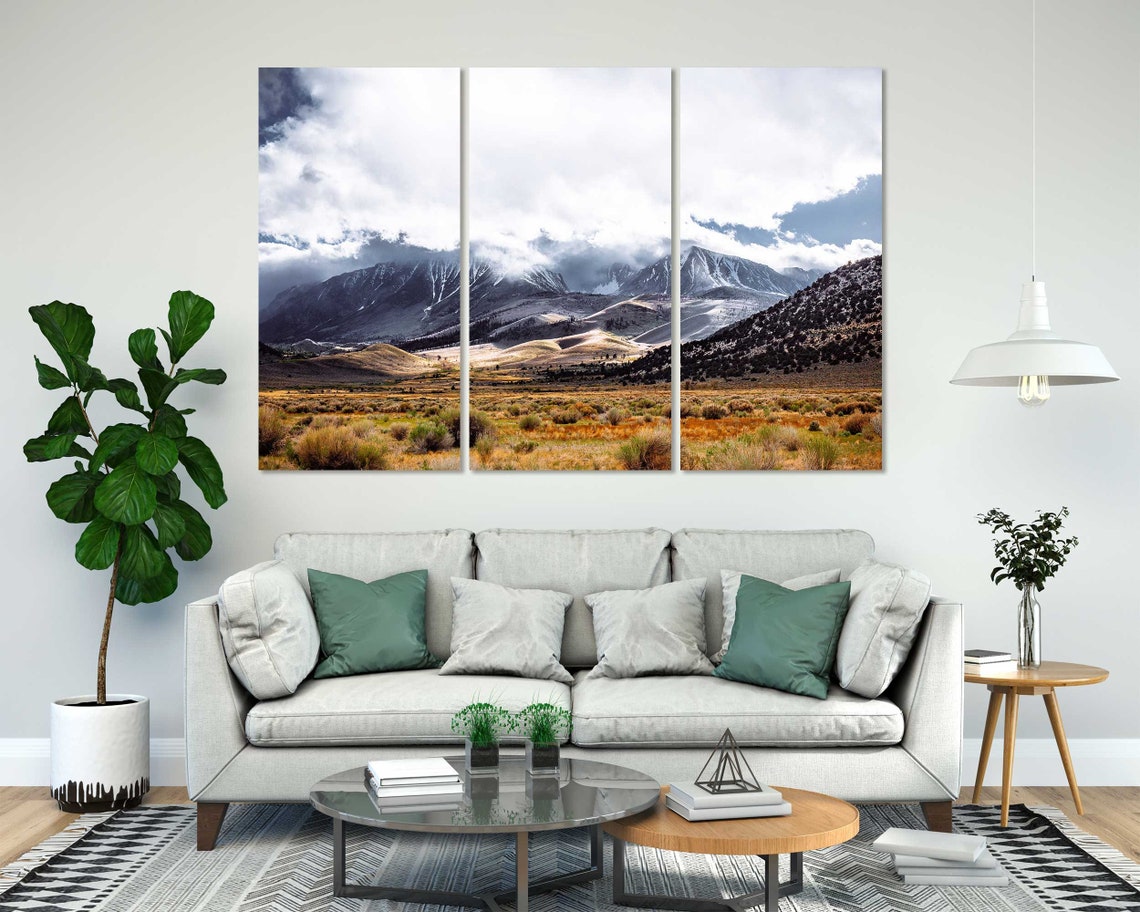 Cloudy Mountains Golden Valley Landscape Triptych Nature Travel Poster