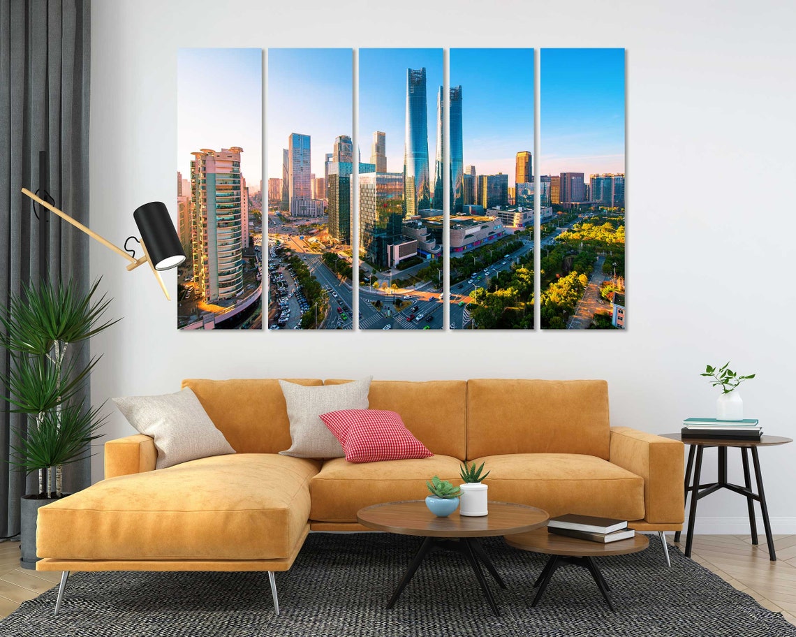 Modern Twin Towers Downtown Skyline Golden Sunset 3 Panel Wall Art - Image 4