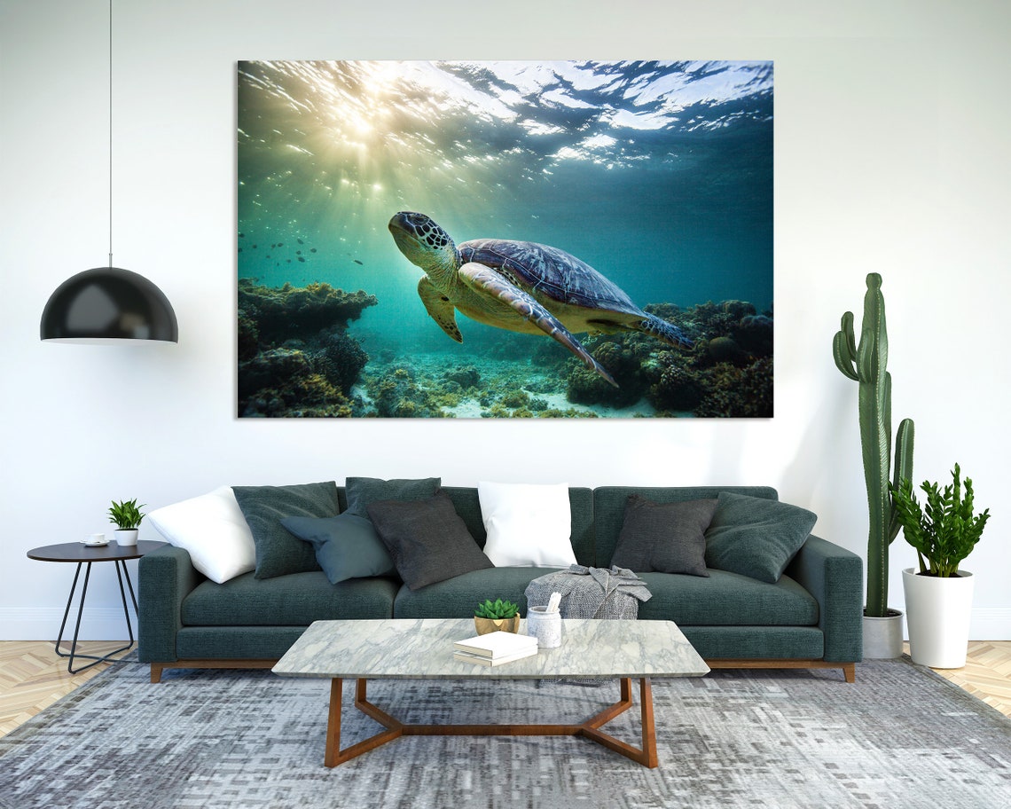 Green Sea Turtle Swimming Underwater Sun Rays Coral Reef Poster
