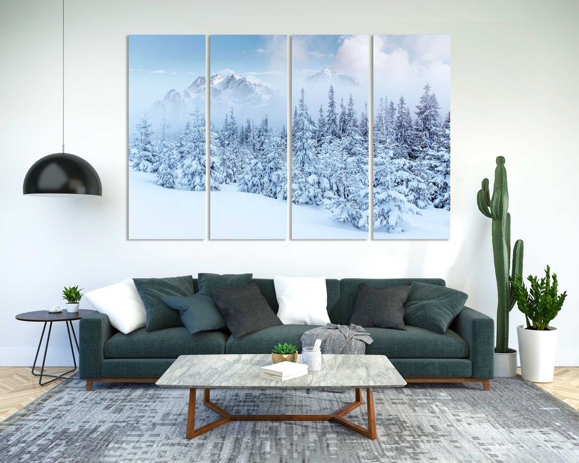 Snowy Mountain Forest Winter Landscape Blue 3 Panel Split Poster - Image 2