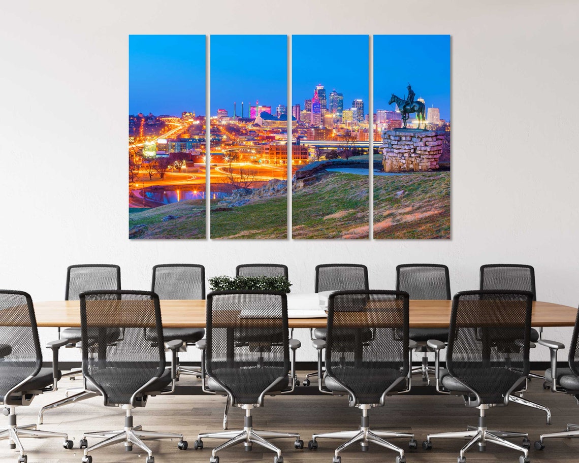 Kansas City Missouri Downtown Skyline Night Lights Scout Statue Poster - Image 4