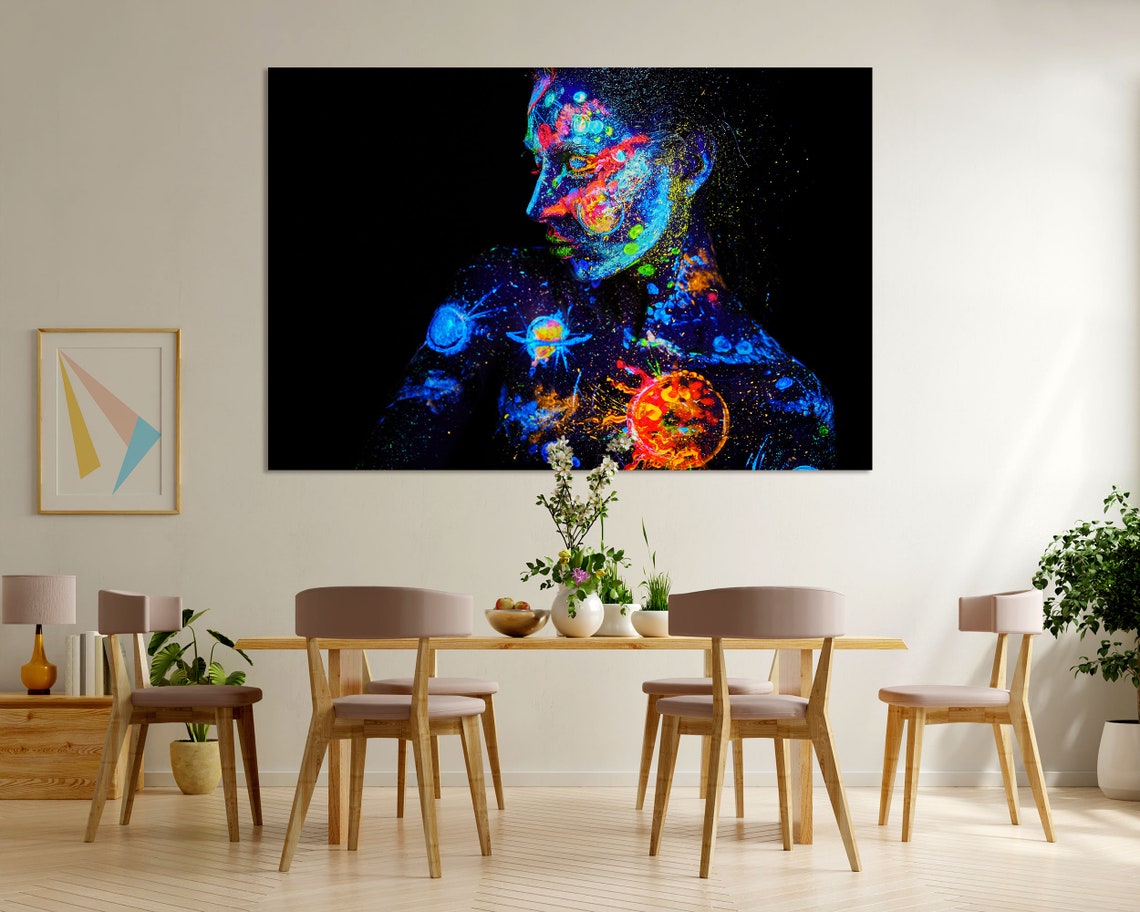 Woman With Neon Galaxy Body Paint Portrait On Black Background Poster