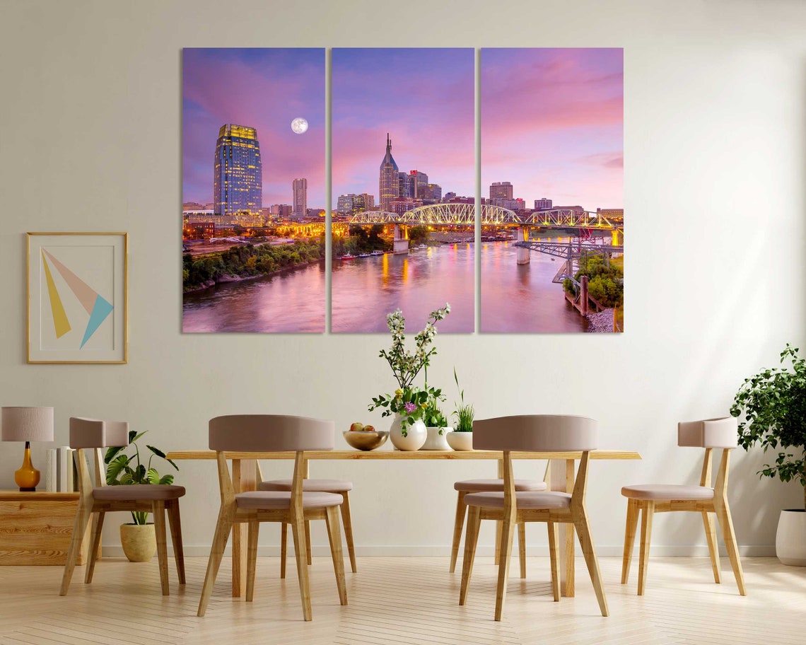 Nashville Skyline Evening with Full Moon Over River Bridges Poster