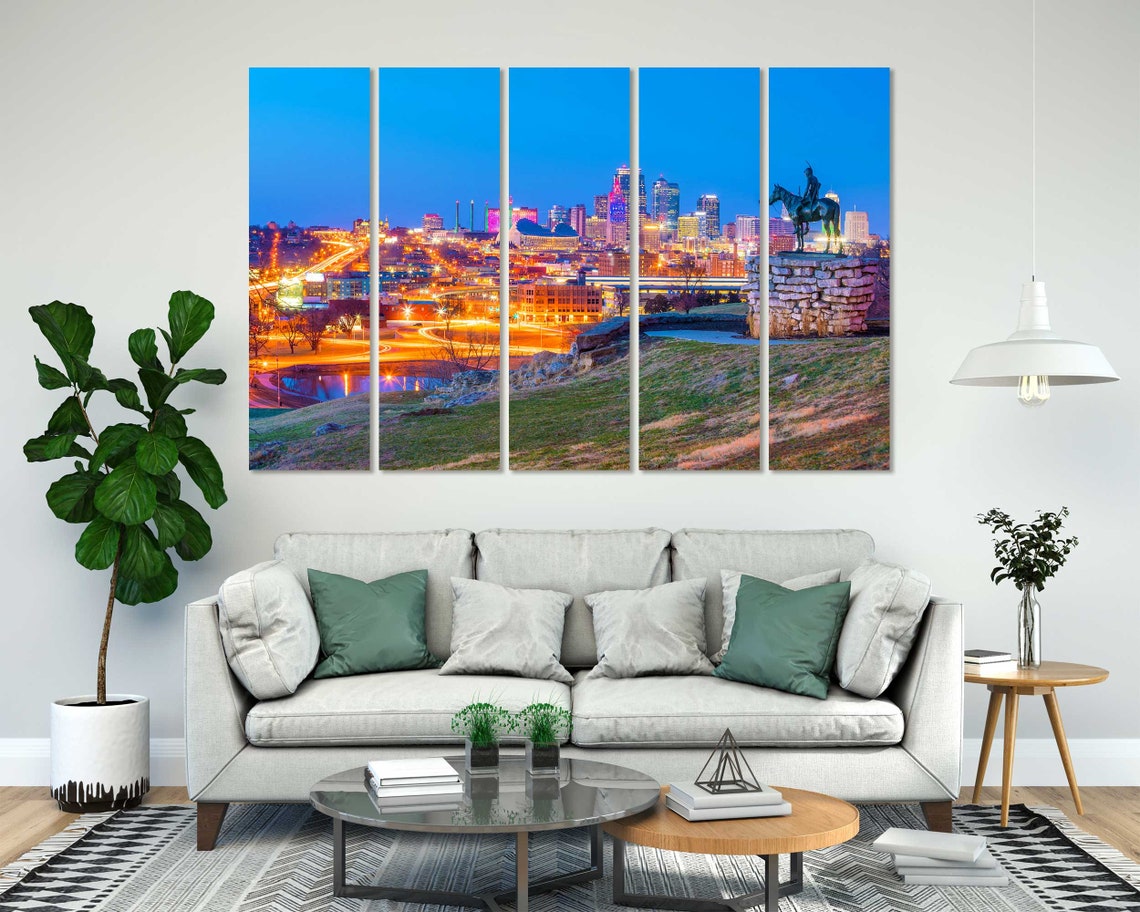 Kansas City Missouri Downtown Skyline Night Lights Scout Statue Poster - Image 8