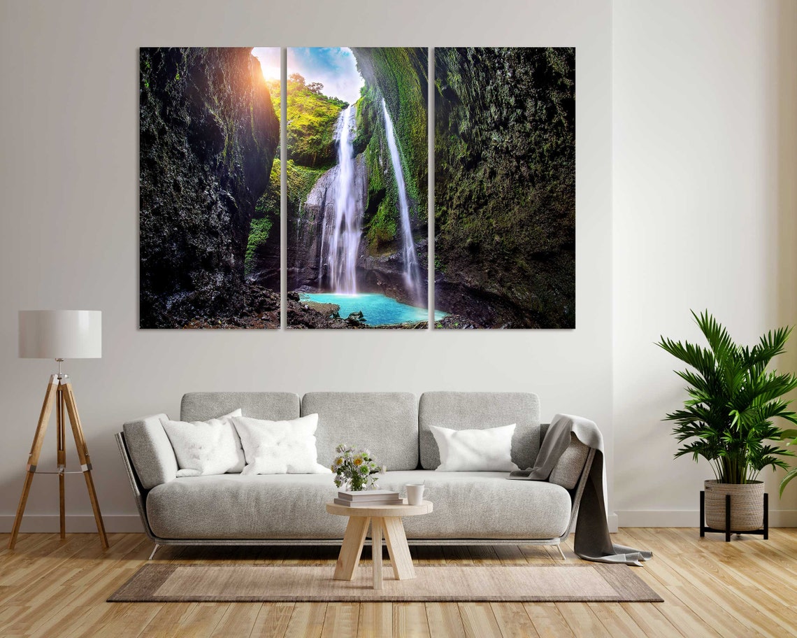 Indonesia Tall Waterfall in Mossy Green Canyon Jungle Pool View Poster - Image 8