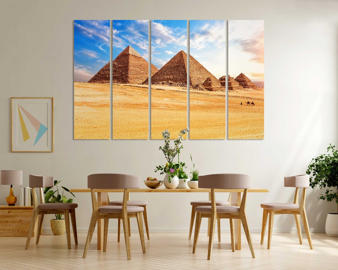 Giza Pyramids Egypt Desert Camels Blue Sky Golden Travel Poster - Image 5