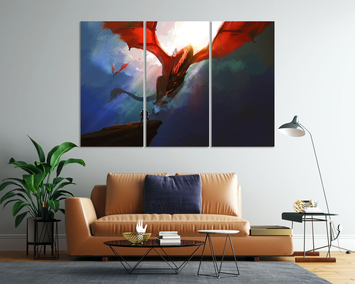 Red Dragon Soaring Sky Fantasy Warrior Cliff Epic Scene Art Poster - Image 8