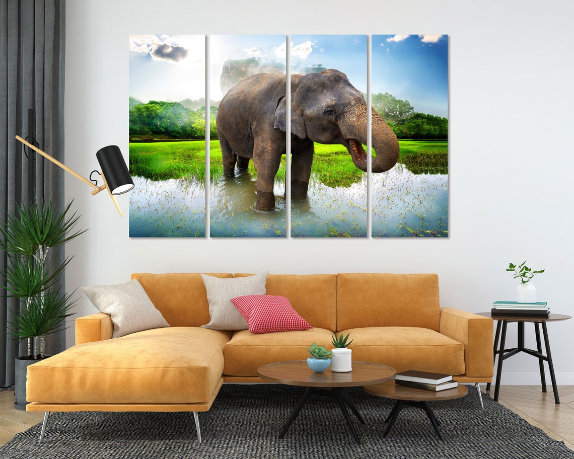 Asian Elephant Standing in Pond Green Field Mist Wildlife Poster - Image 5