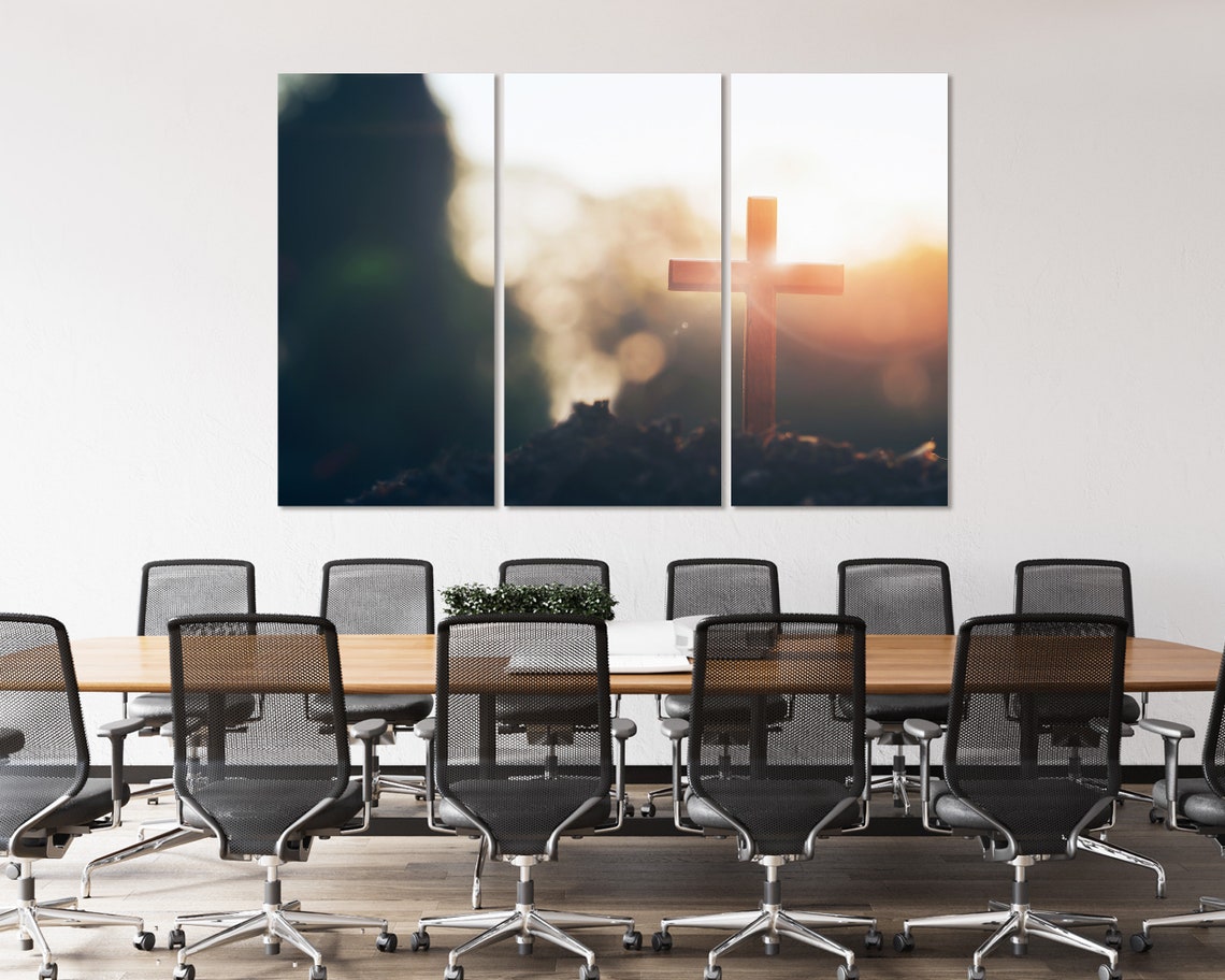 Wooden Cross Silhouette In Golden Sunrise Light Rays Spiritual Poster - Image 2