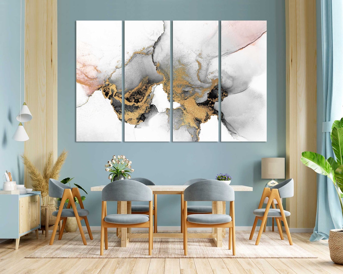White Gray Gold Marble Abstract Watercolor Three Panel Modern Wall Art - Image 3