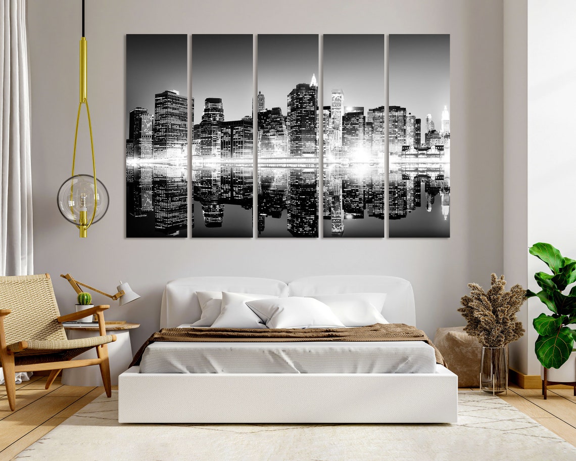 New York City Night Skyline Black White Mirrored Reflection Poster - Image 5