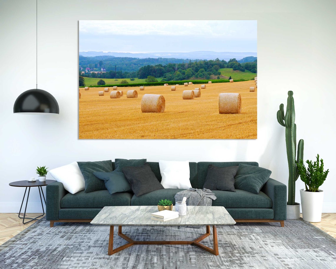 Golden Wheat Field with Round Hay Bales Harvest Country View Poster - Image 2