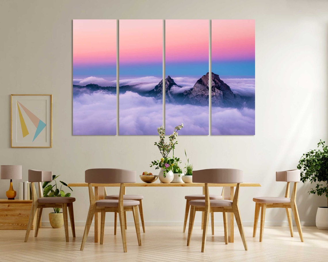 Mountain Peaks Rising Above Clouds at Pink Sunset Sky Landscape Poster - Image 6