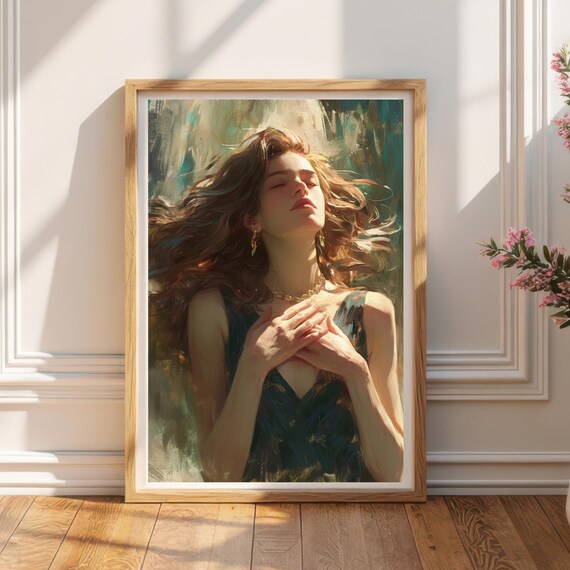 Peaceful Painterly Woman Portrait Art Print Flowing Hair Wall Decor Artistic Female Figure