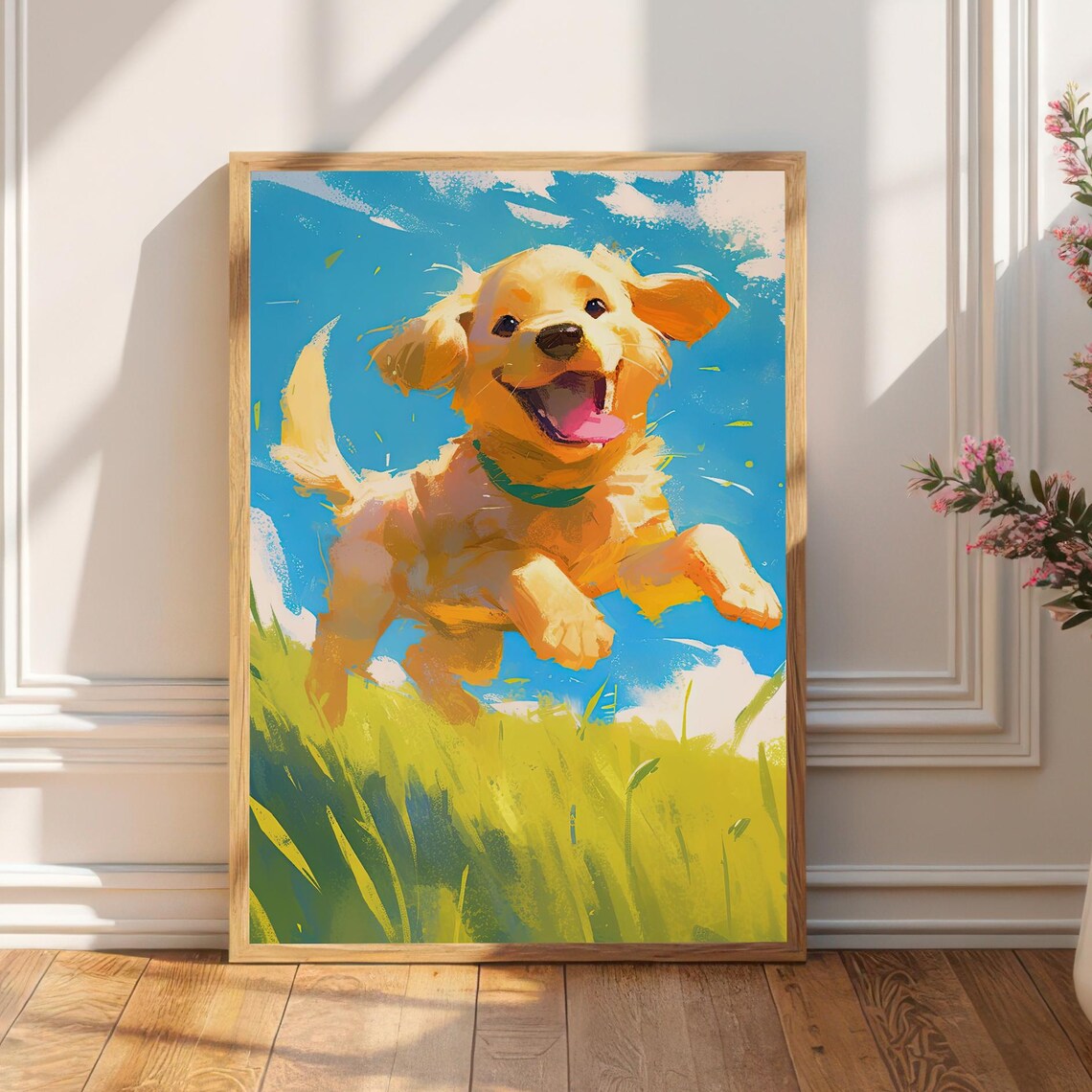 Happy Golden Retriever Puppy Jumping in the Grass Pet Poster