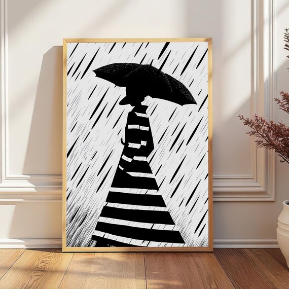 Minimalist Woman Rain Art Poster Black And White Umbrella Modern Abstract Wall Decor For Living Room Bedroom