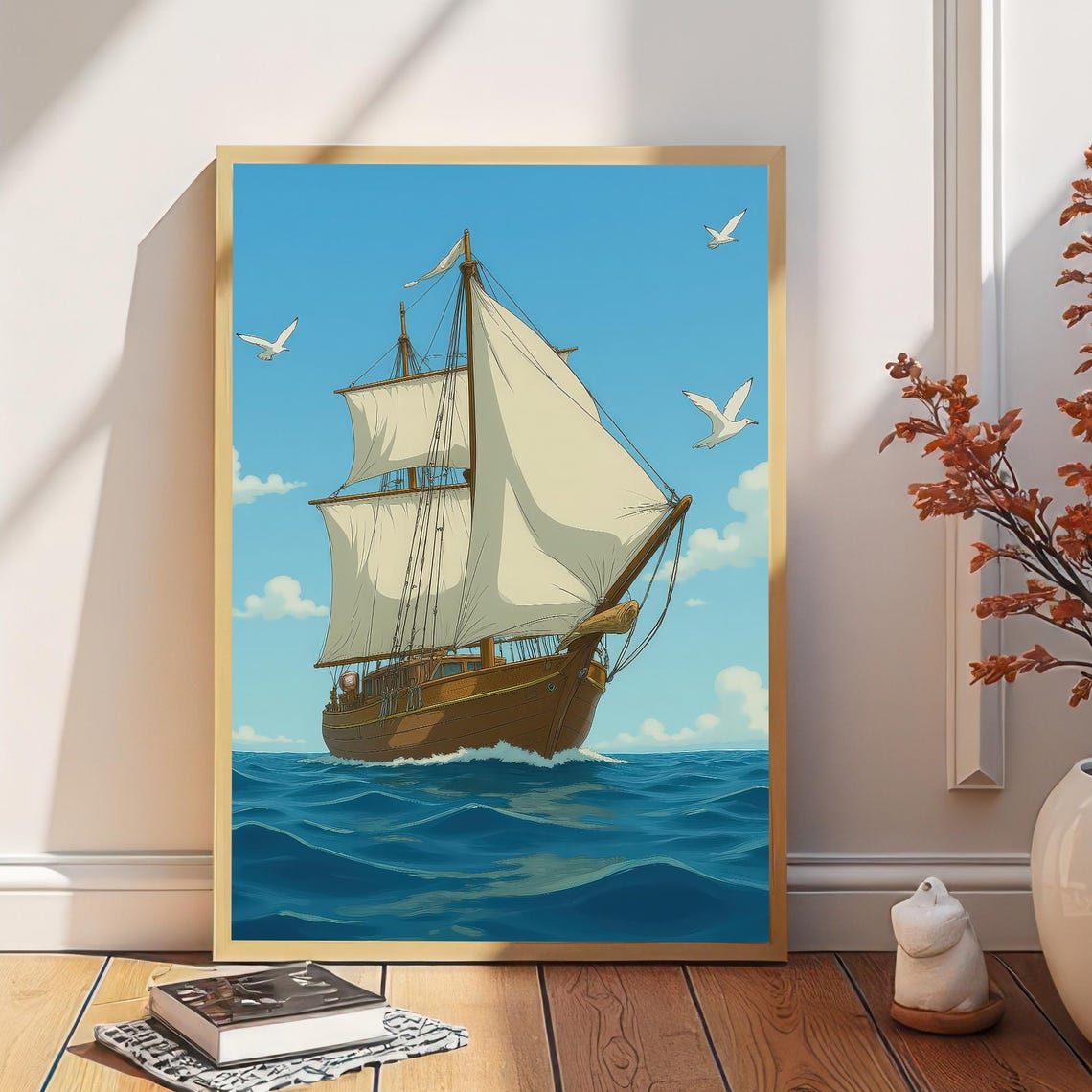 Classic Tall Sailing Ship on Blue Ocean Nautical Illustration Poster