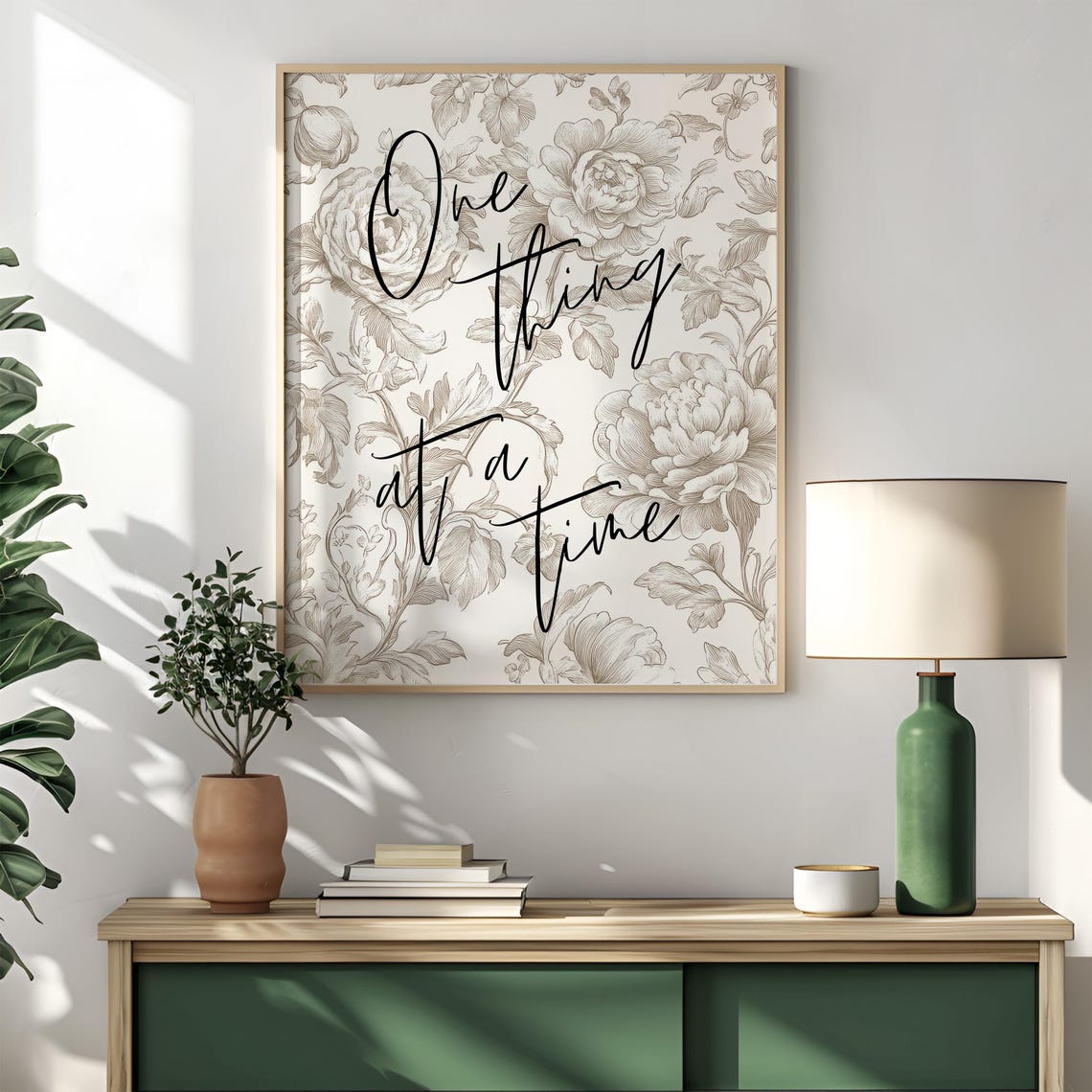 One Thing At A Time Elegant Script Quote Taupe Floral Poster - Image 2