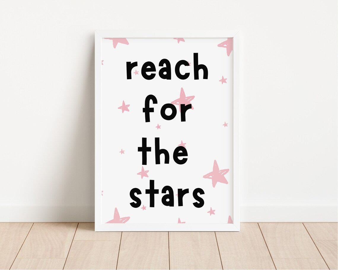 Reach For The Stars Nursery Quote Poster Pink Stars Kids Room Decor - Image 2