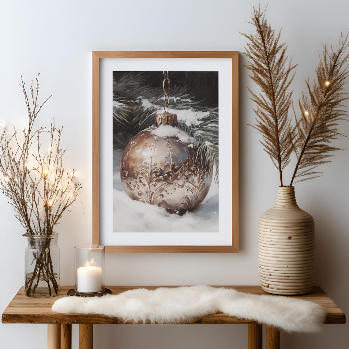 Vintage Gold Bauble Ornament Resting In Snowy Pine Branches Poster